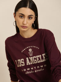 DILLINGER Women Maroon Varsity Printed Pure Cotton Oversized  T-shirt