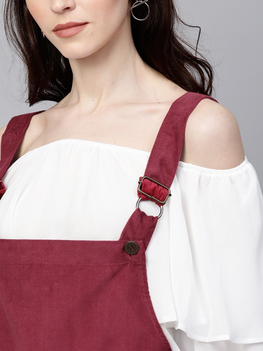 SASSAFRAS Women Maroon Solid Corduroy Pinafore Dress