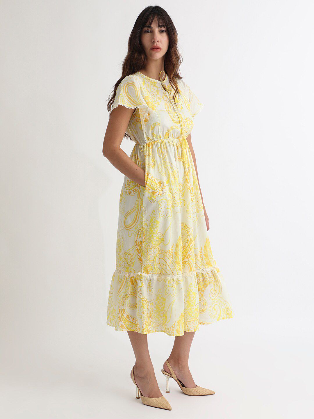 RAREISM Floral Printed Tie-Ups Detail Extended Sleeve Cotton Fit & Flare Midi Dress