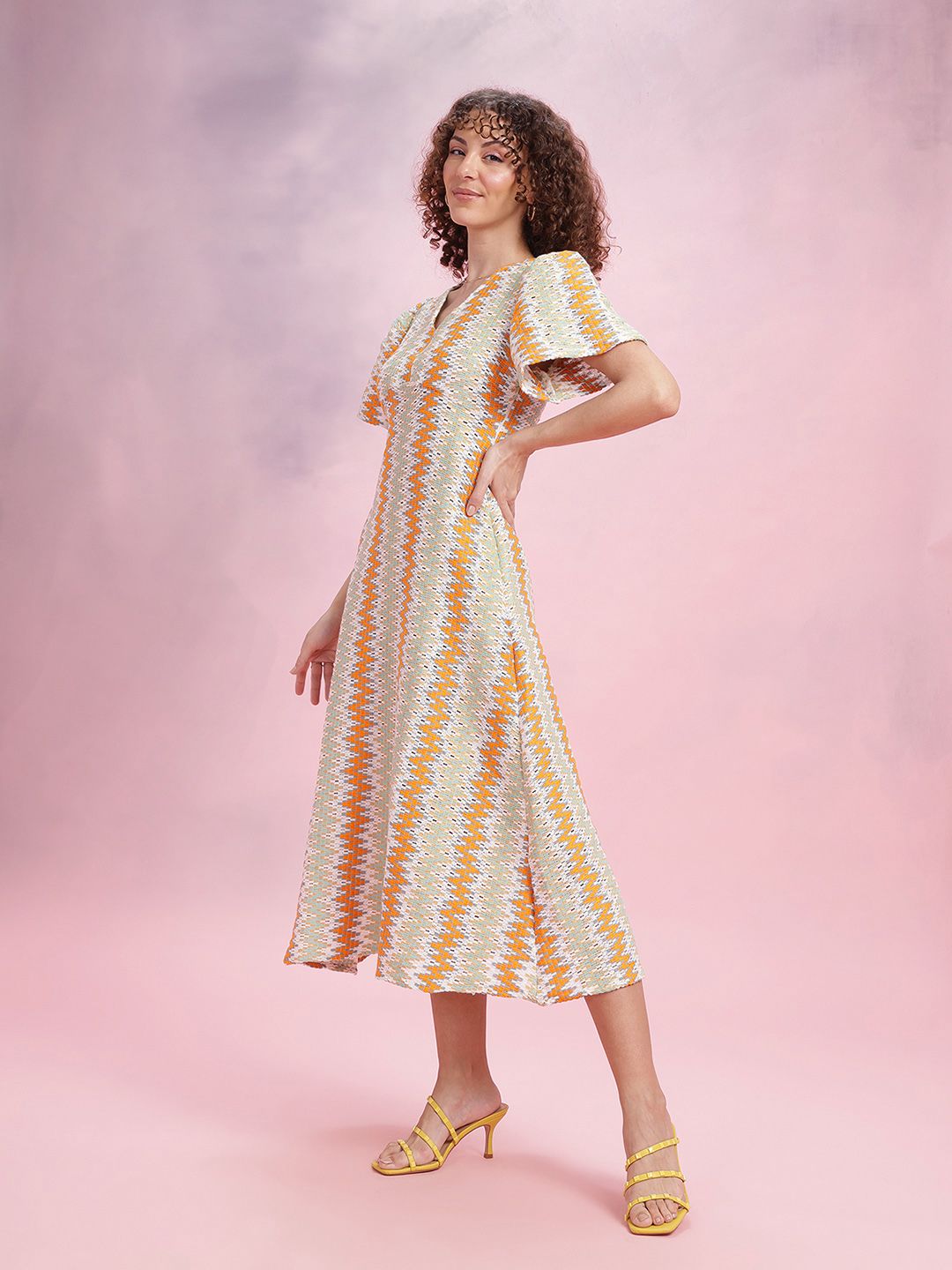 DressBerry Crochet Flared Sleeve A-Line Midi Dress