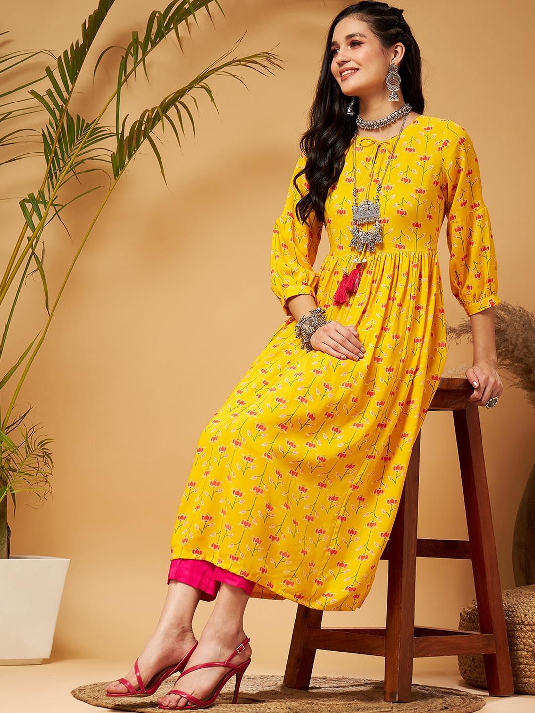 Shae by SASSAFRAS Yellow Ethnic Motifs Printed Tie-Up Neck A-Line Kurta