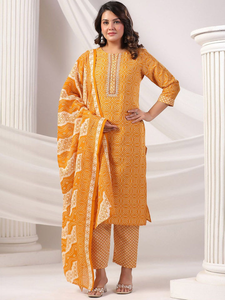 Indo Era Women Bandhani Printed Regular Mirror Work Kurta Trousers With Dupatta