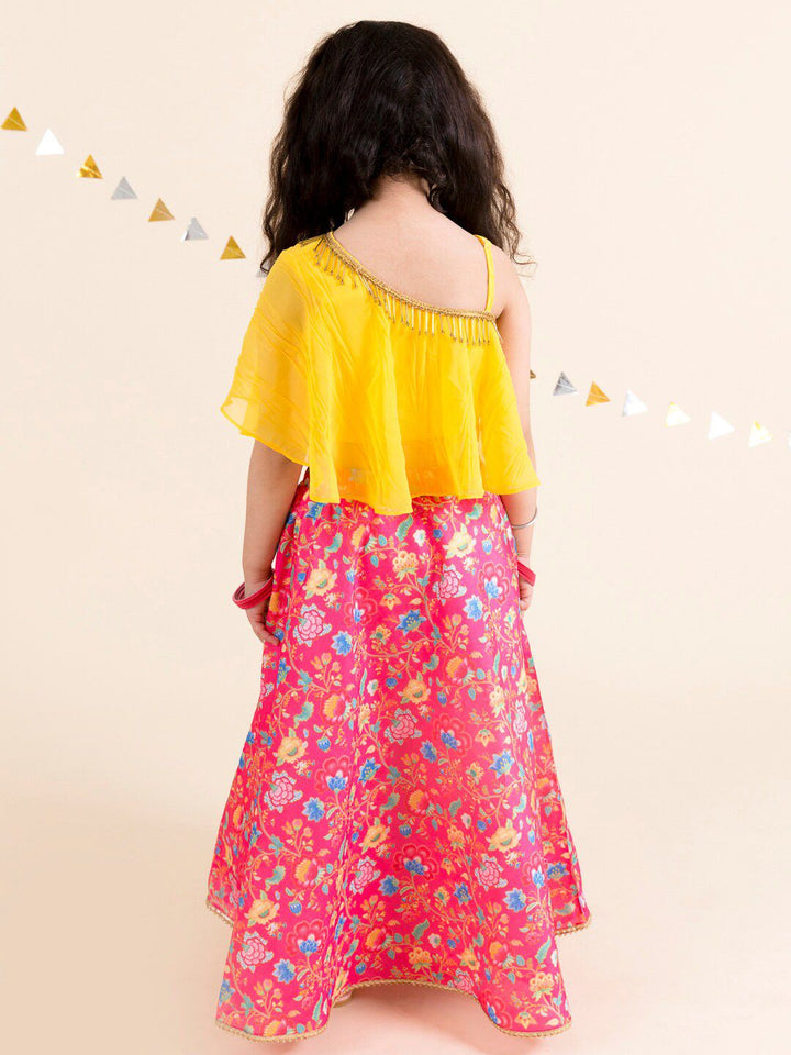 pspeaches Girls Coral & Yellow Ready to Wear Lehenga Choli