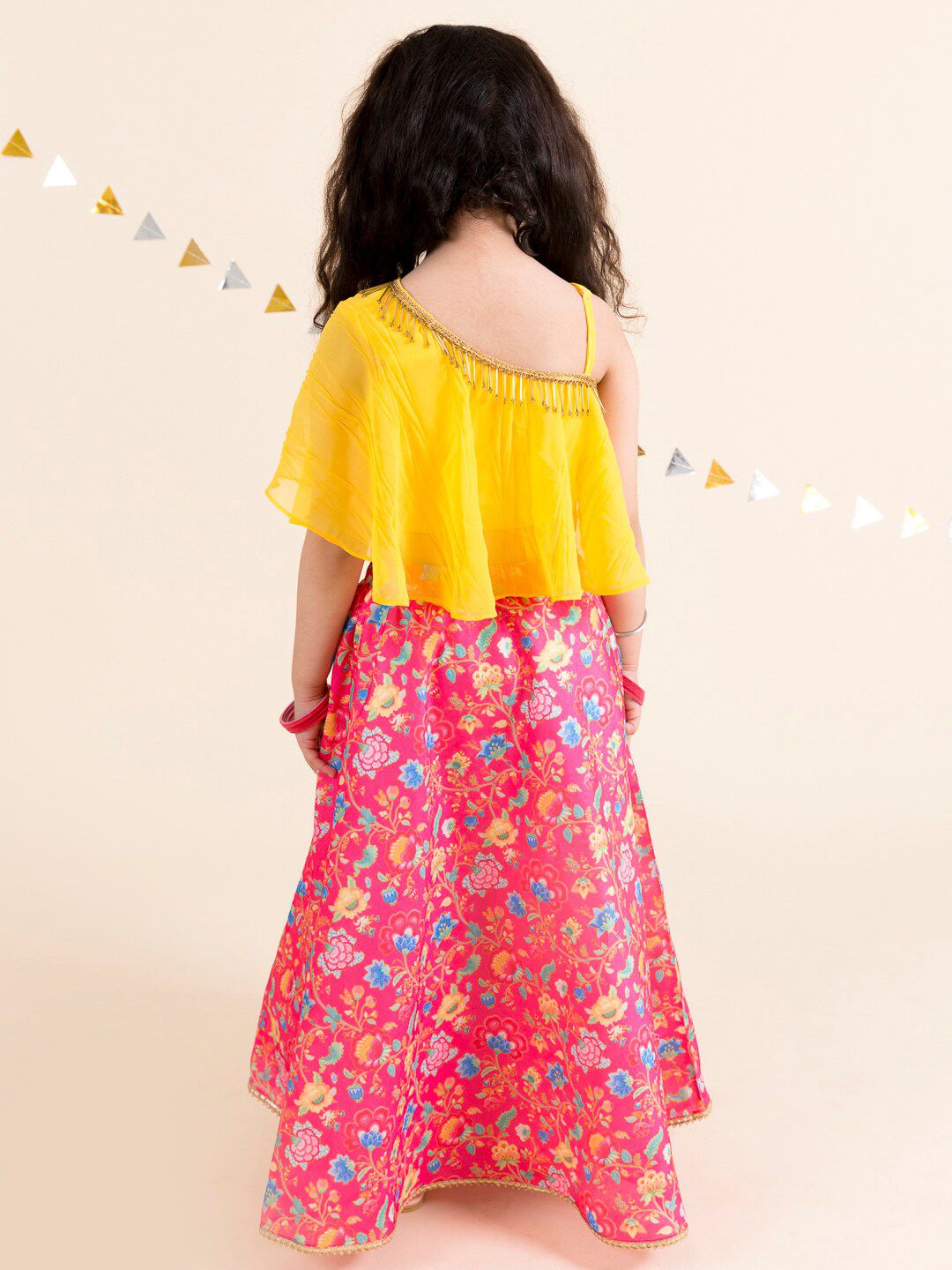 pspeaches Girls Coral & Yellow Ready to Wear Lehenga Choli