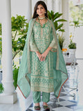 Indo Era Zari Ethnic Motifs Embroidered Notch Neck Straight Kurta With Trousers & Dupatta