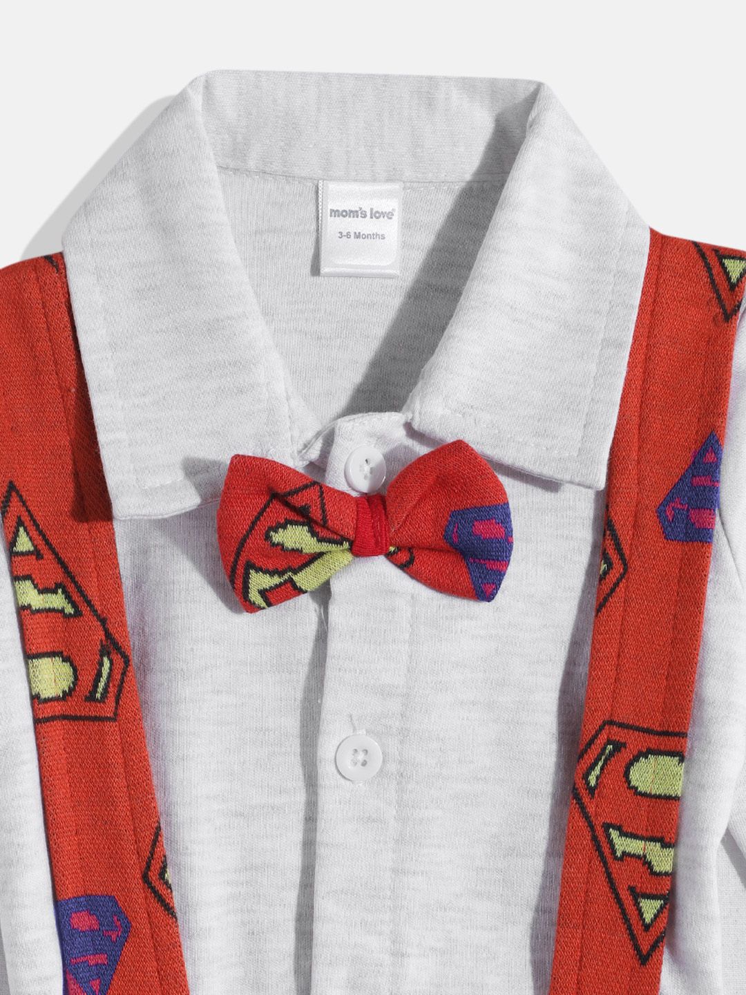 Moms Love Infant Boys Pure Cotton Superman Printed Dungarees with Solid Bow Tie Shirt