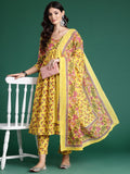 Indo Era Floral Printed Empire Gotta Patti Pure Cotton Kurta With Trousers & Dupatta