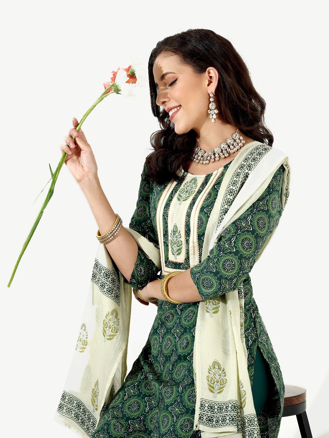 Anouk Teal & Beige Ethnic Motifs Printed Regular Pure Cotton Kurta & Trousers With Dupatta