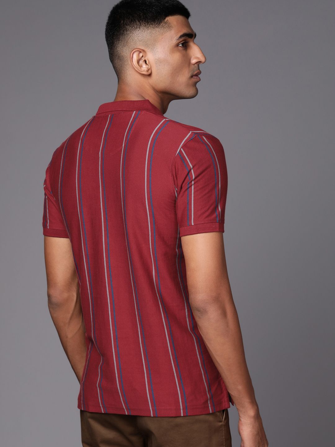 Raymond Men Maroon & Navy Blue Striped Polo Collar Pure Cotton T-shirt