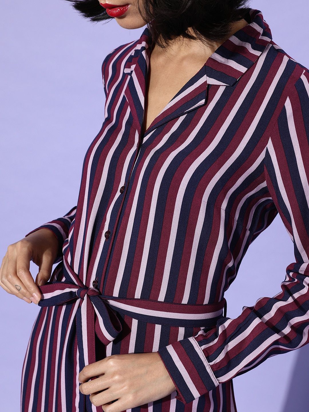 DressBerry Women Navy Blue & Maroon Striped A-Line Midi Dress