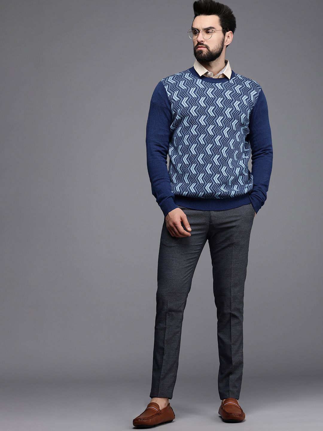 Raymond Men Blue Chevron Printed Pullover