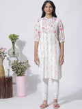 W Floral Printed Mandarin Collar Puffed Sleeves Regular Pure Cotton Kurta With Trousers