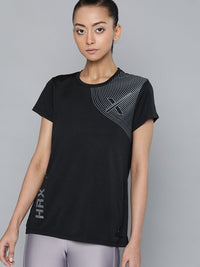 HRX By Hrithik Roshan Women Jet Black Printed Rapid-Dry Antimicrobial Running Tshirt