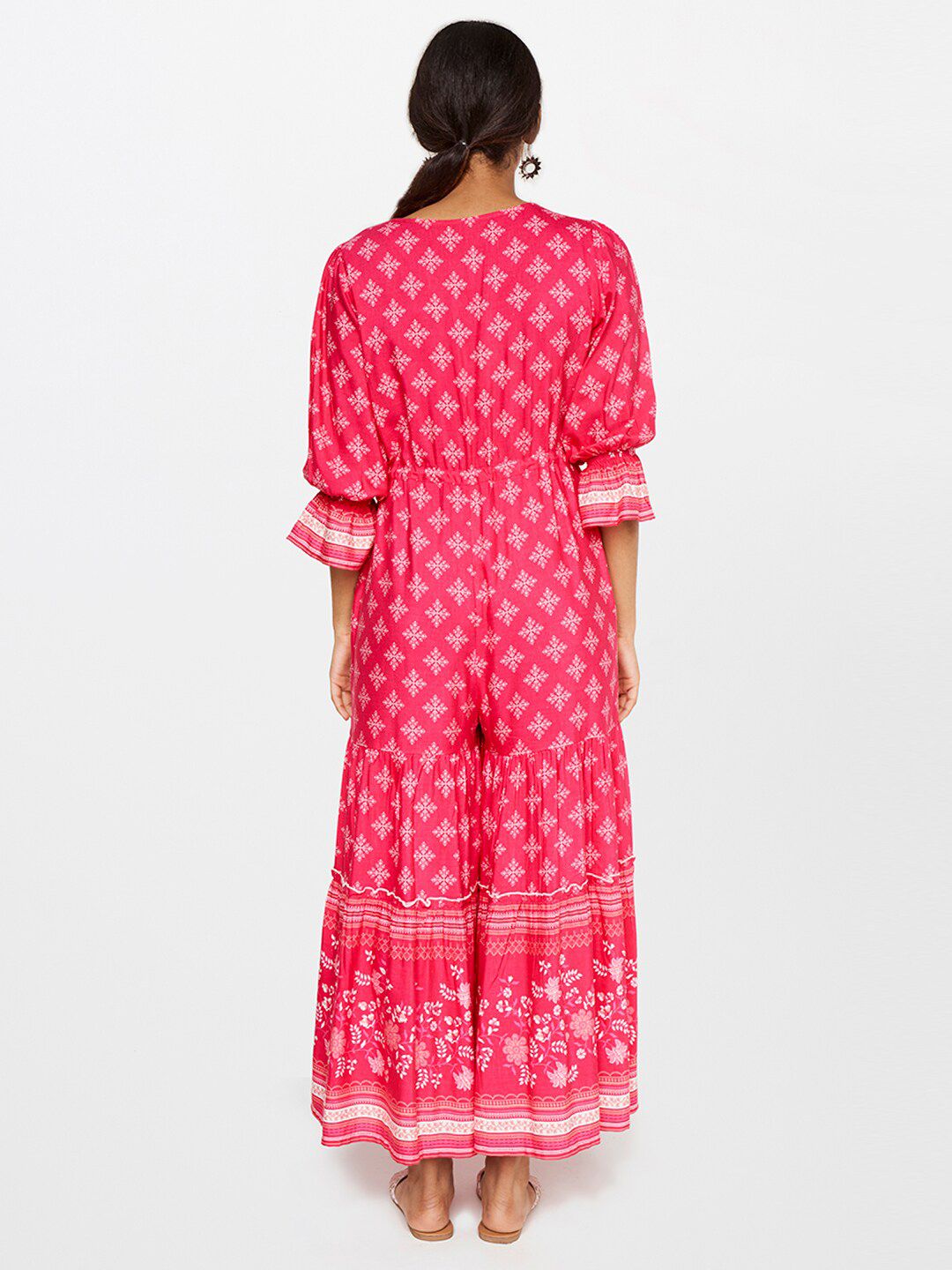 Global Desi Pink & White Printed Basic Jumpsuit