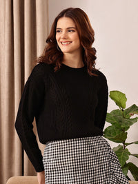 STREET 9 Black Cable Knit Self Design Acrylic Pullover Sweater