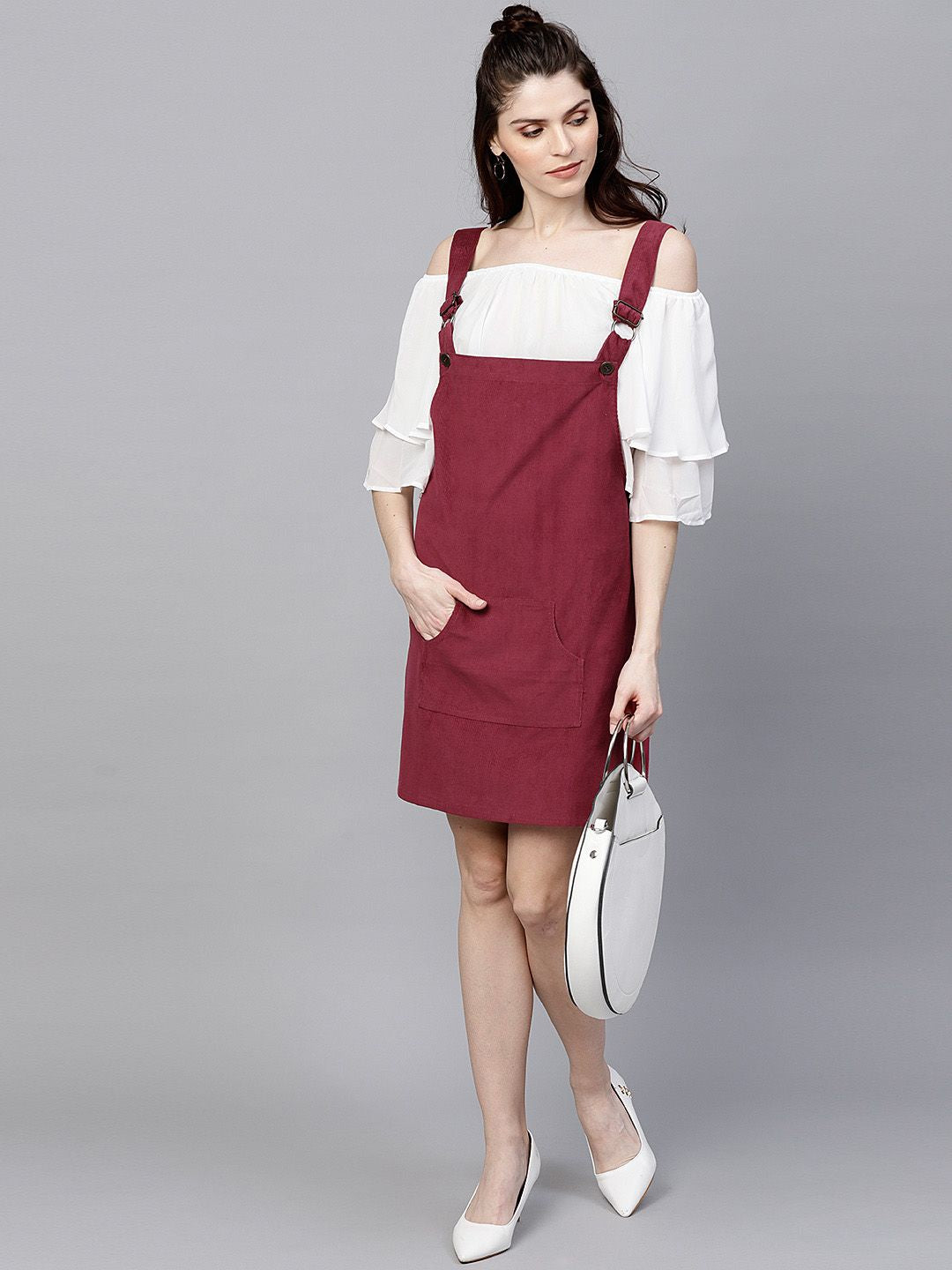 SASSAFRAS Women Maroon Solid Corduroy Pinafore Dress