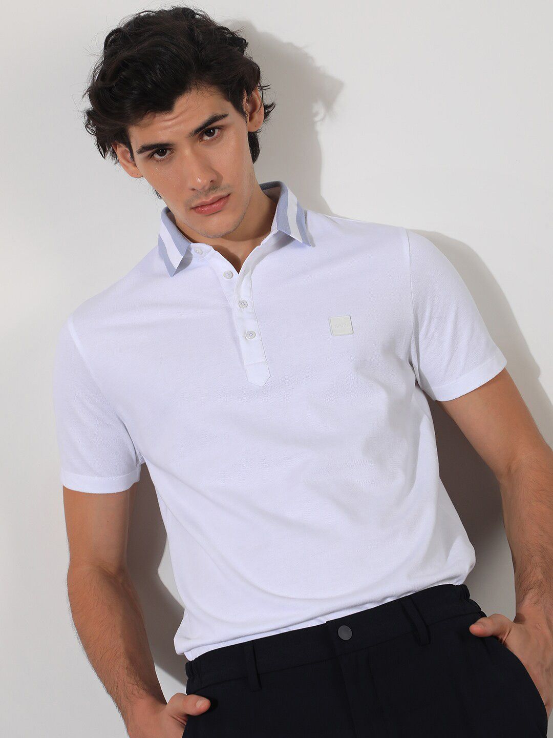 RARE RABBIT Men Divide Polo Collar Slim Fit Cotton T-Shirt