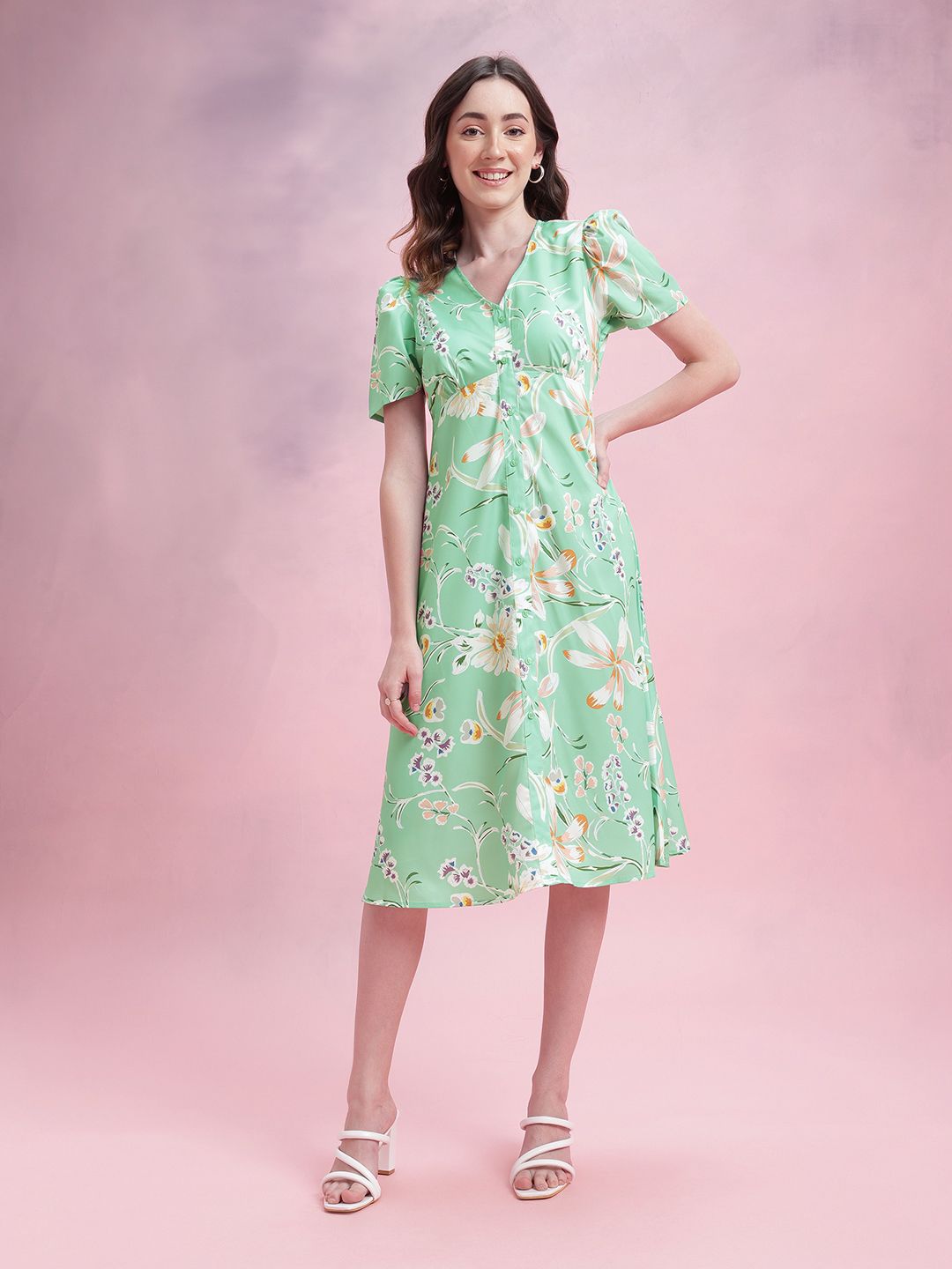 DressBerry Floral Print Puff Sleeves A-Line Midi Dress with Mock Buttons