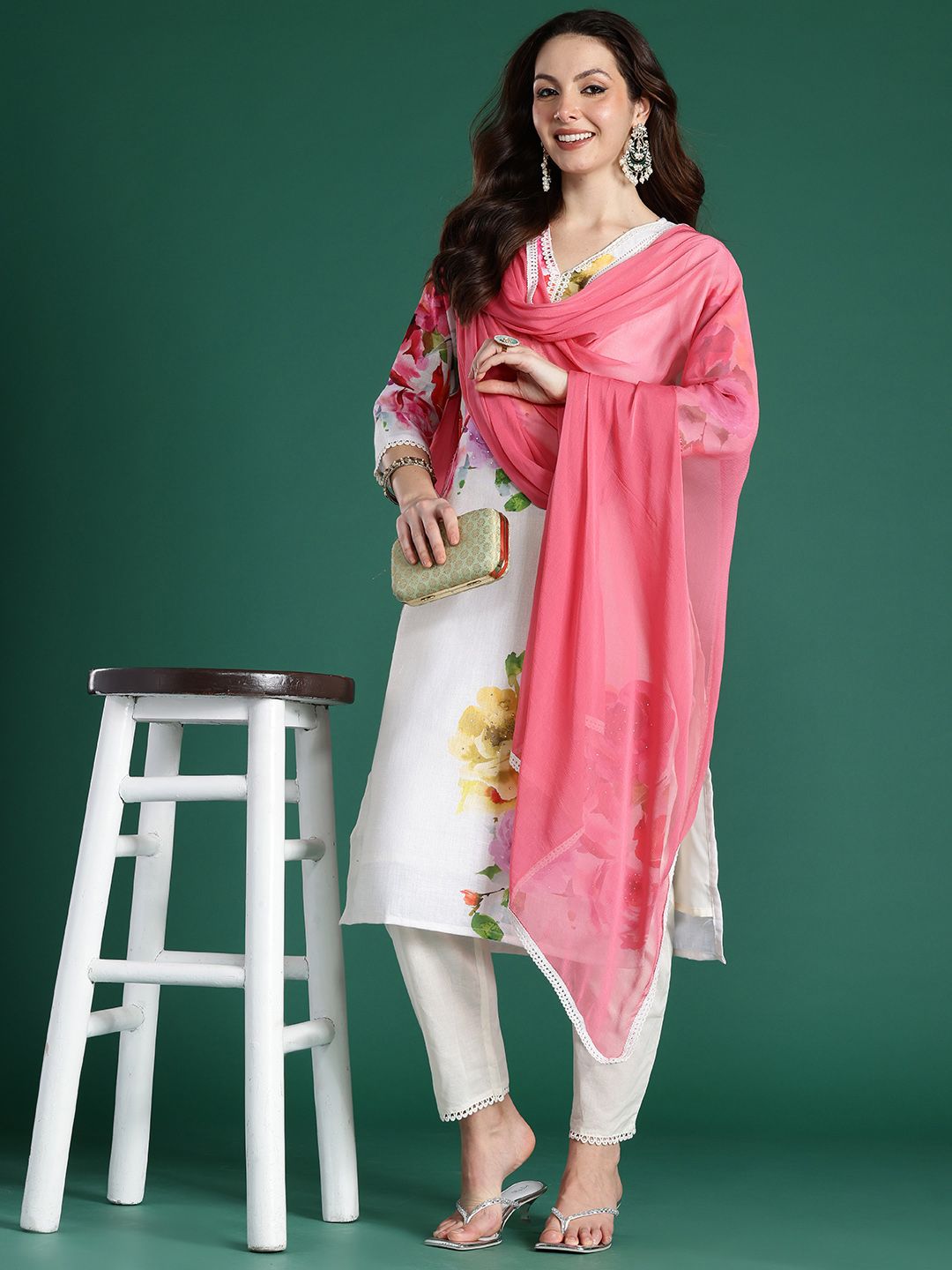 Indo Era Floral Printed Beads and Stones Linen Kurta with Trousers & With Dupatta