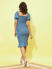 Berrylush Blue Floral Printed Puff Sleeves Smocked Bodycon Dress