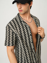 VASTRADO Men Classic Cuban Collar Chevron Printed Cotton Oversized Casual Shirt