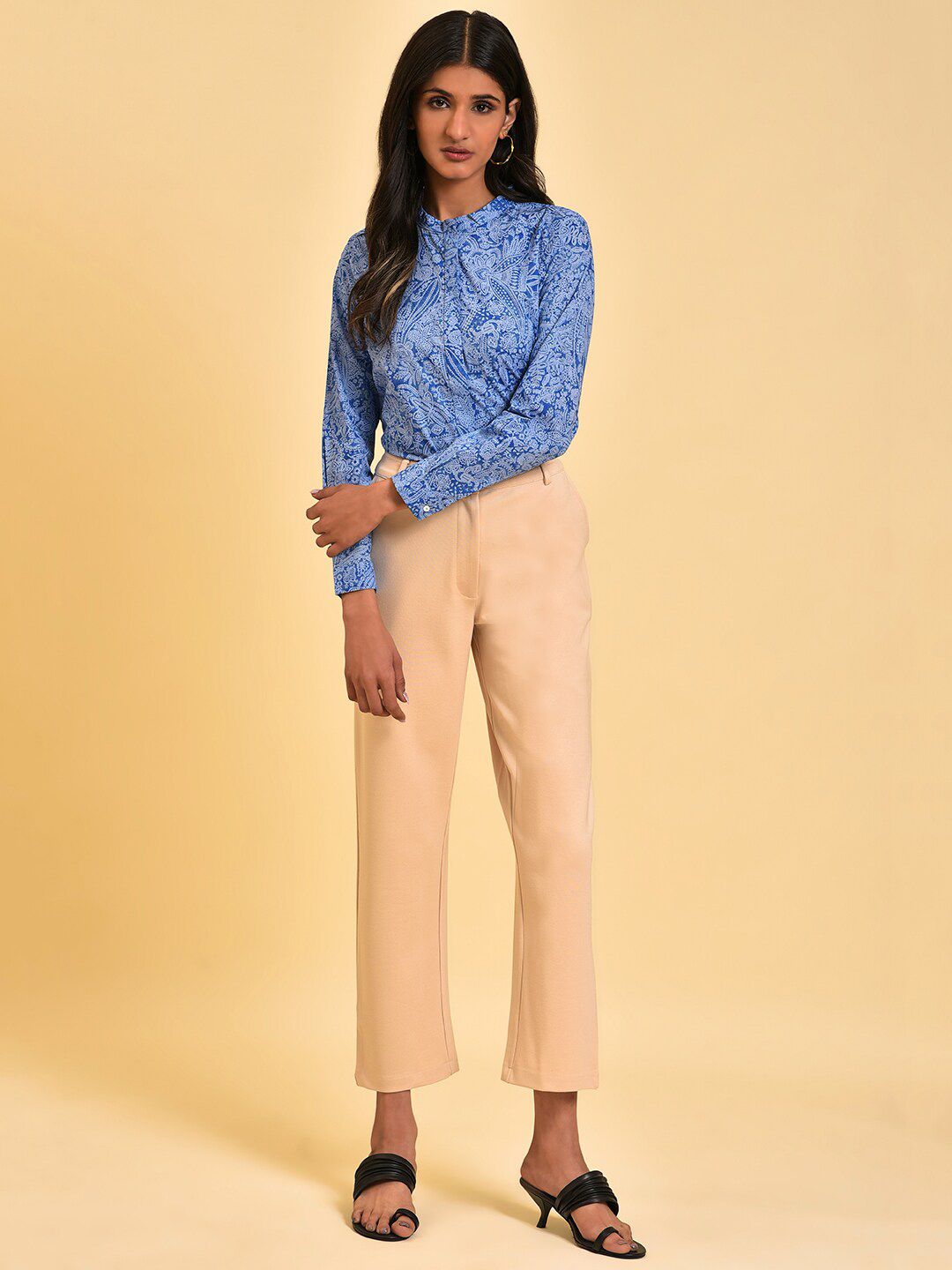 W Blue Floral Printed Mandarin Collar Pure Cotton Shirt Style Top