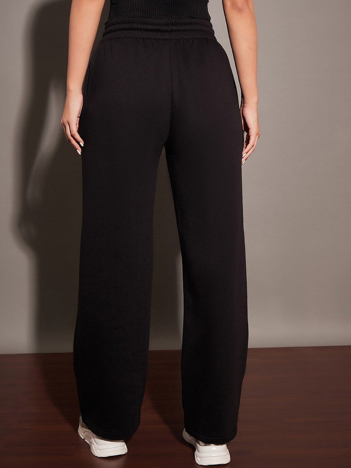 SASSAFRAS Women Black Relaxed Fit Mid-Rise Fleece Track Pants