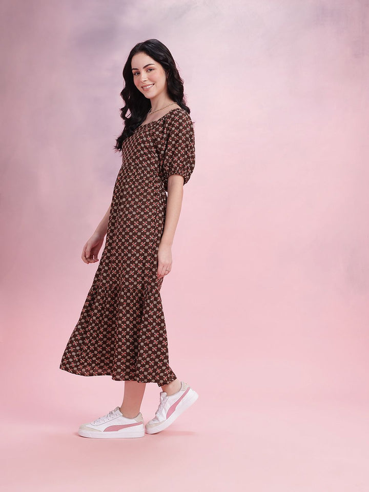 DressBerry Ethnic Print Cut-Out Back A-Line Midi Dress