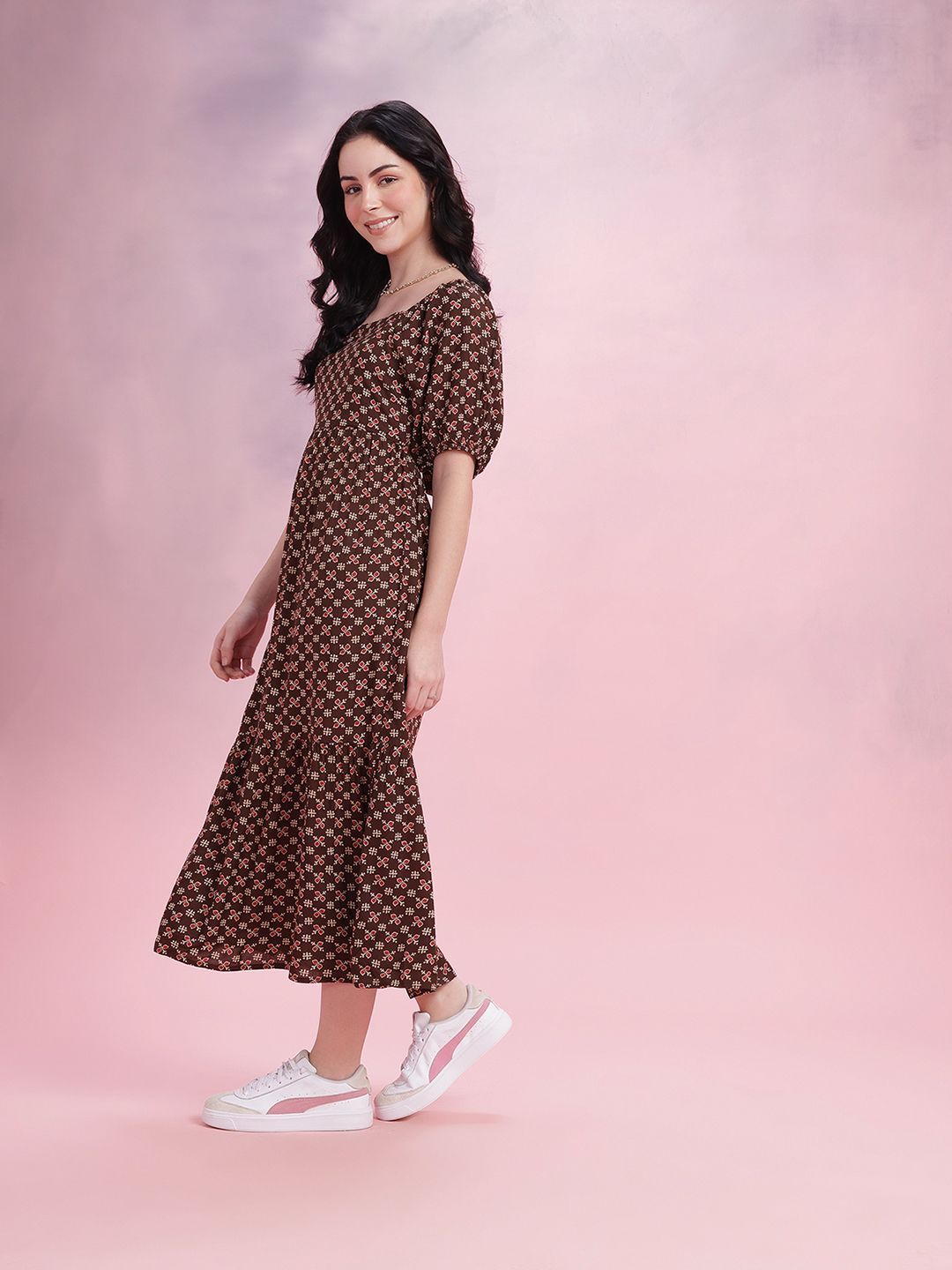 DressBerry Ethnic Print Cut-Out Back A-Line Midi Dress