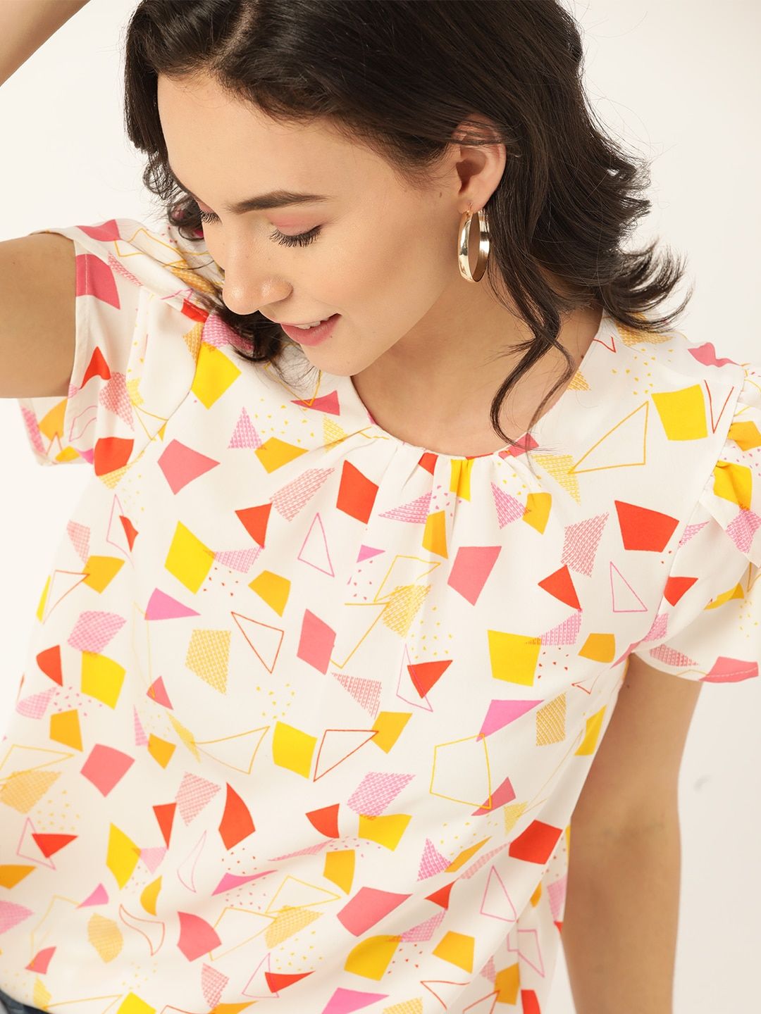 DressBerry White & Pink Geometric Printed Puff Sleeves Top