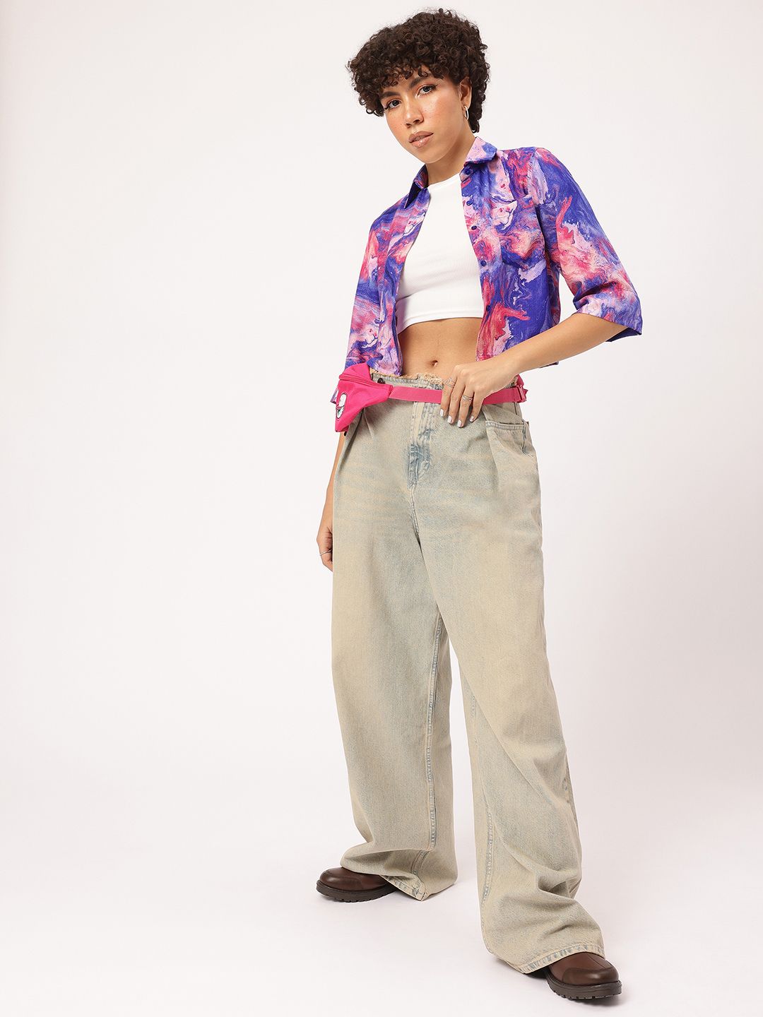 DressBerry Abstract Print Chest Pocket Crop Shirt