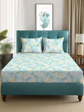 Story@home Arena Blue & Gold-Toned Printed 180 TC Queen Bedsheet & 2 Pillow Covers