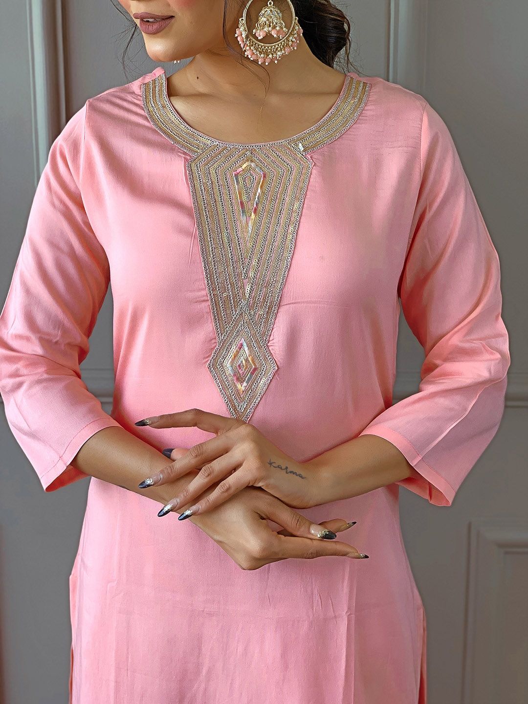 KALINI Floral Yoke Design Regular Straight Kurta With Trousers & Dupatta