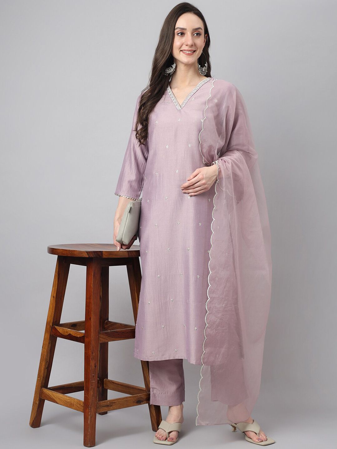 Janasya Women's Lavender Silk Blend Embellished Kurta with Pant and Dupatta