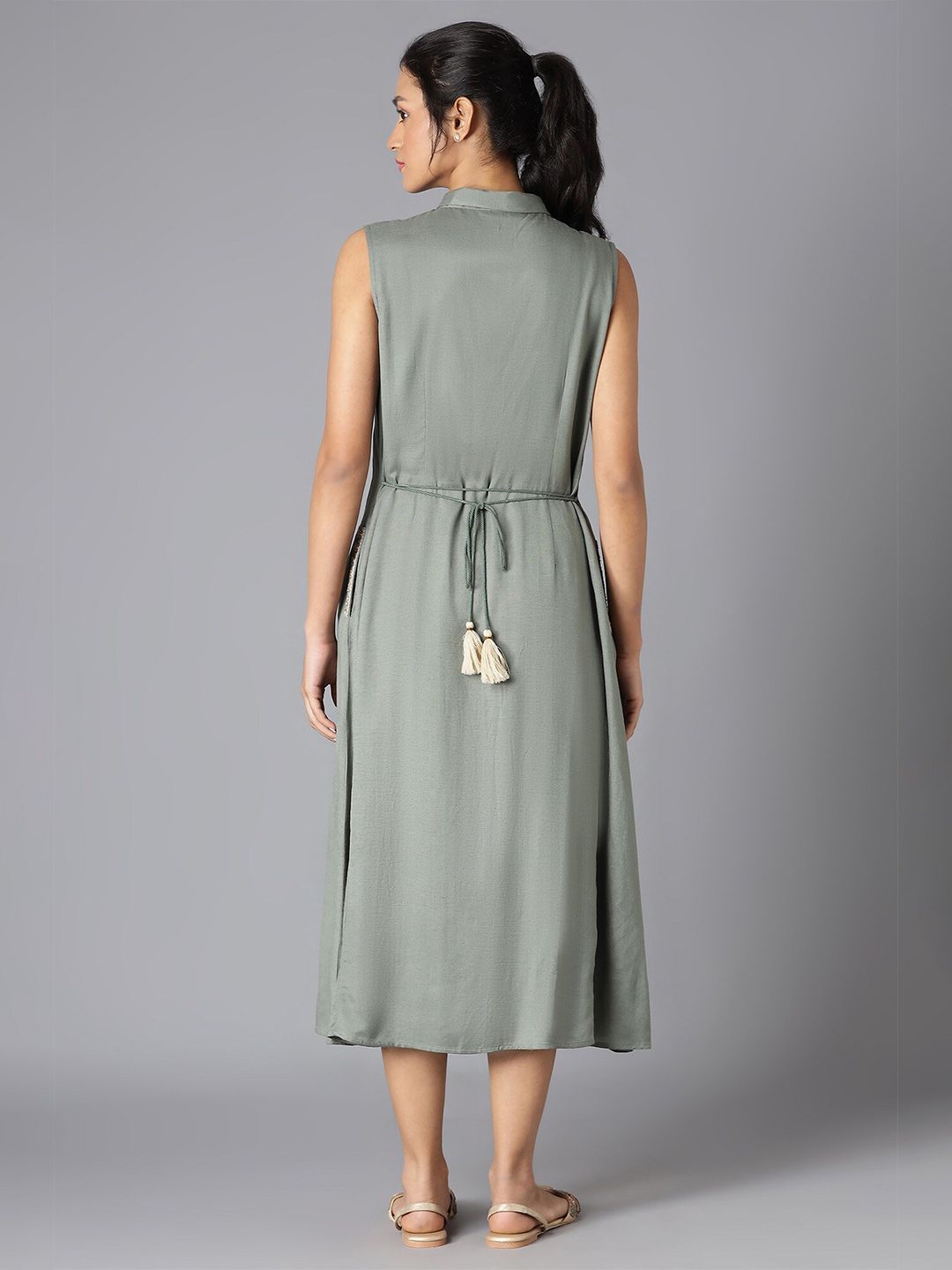 W Green & White Floral Embroidered Shirt Midi Dress