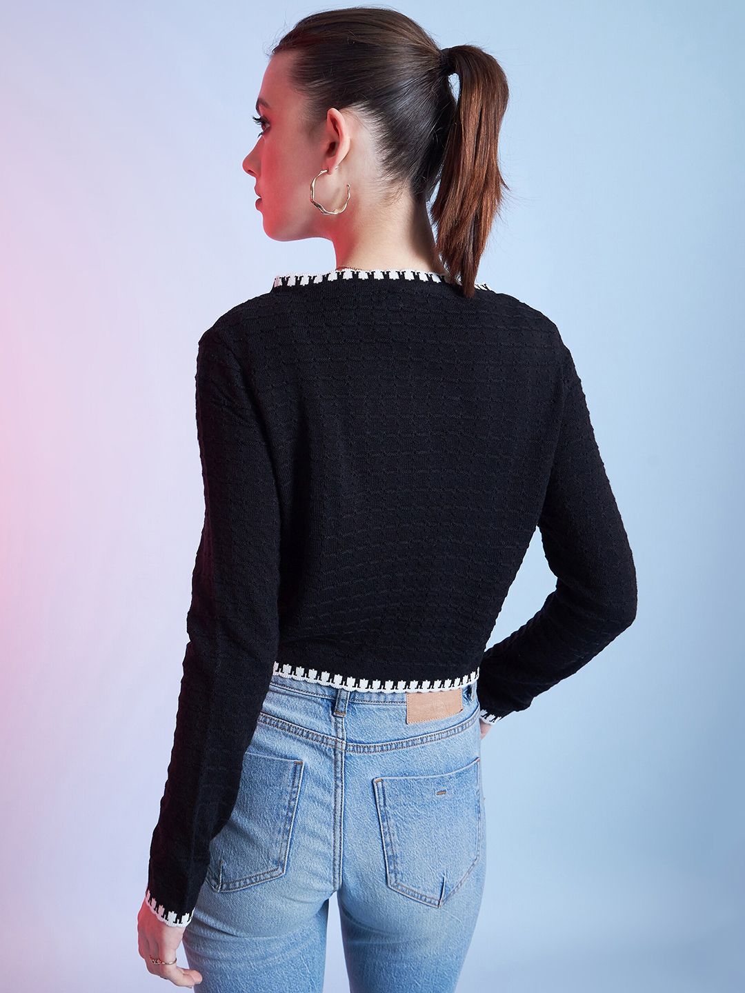 STREET 9 Black & White Self Design V-Neck Acrylic Cardigan Sweater