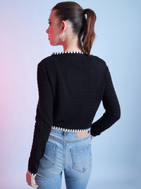 STREET 9 Black & White Self Design V-Neck Acrylic Cardigan Sweater