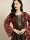 Shae by SASSAFRAS Women Maroon & Green Patola Longline Front Open Shrug