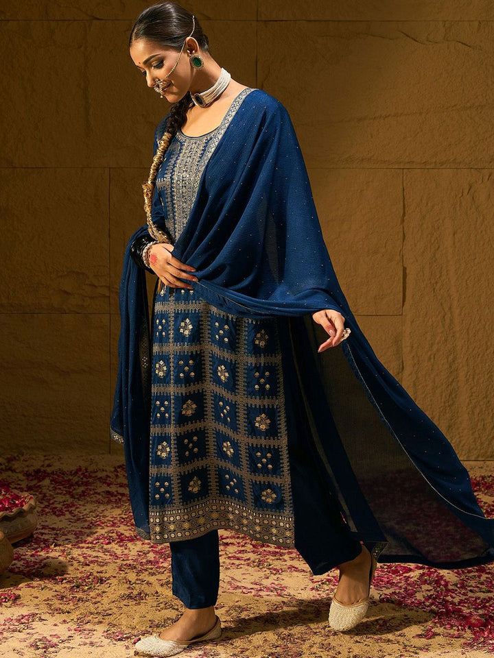 Indo Era Ethnic Motifs Embroidered Zari Straight Kurta with Trousers & Dupatta