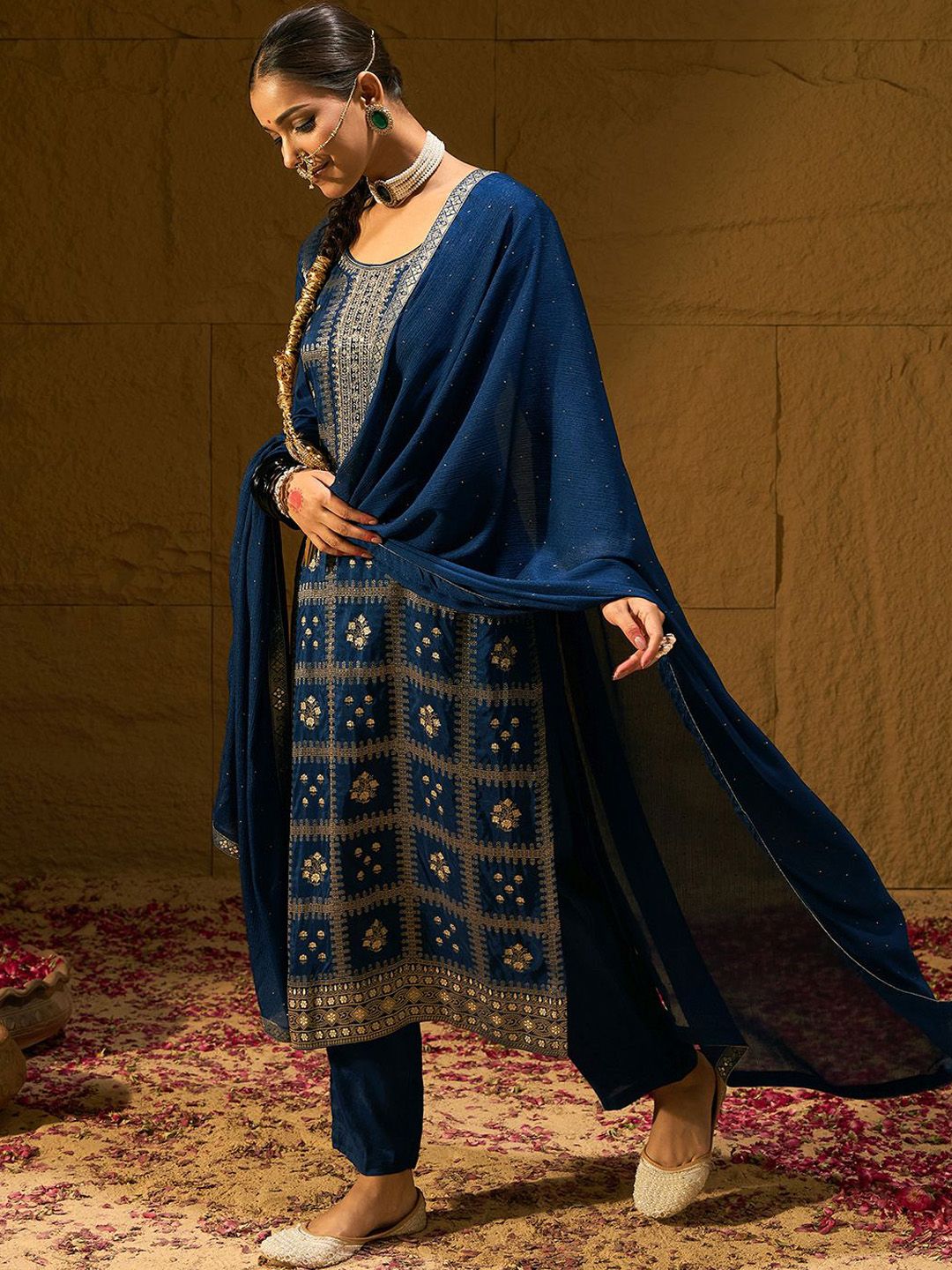 Indo Era Ethnic Motifs Embroidered Zari Straight Kurta with Trousers & Dupatta