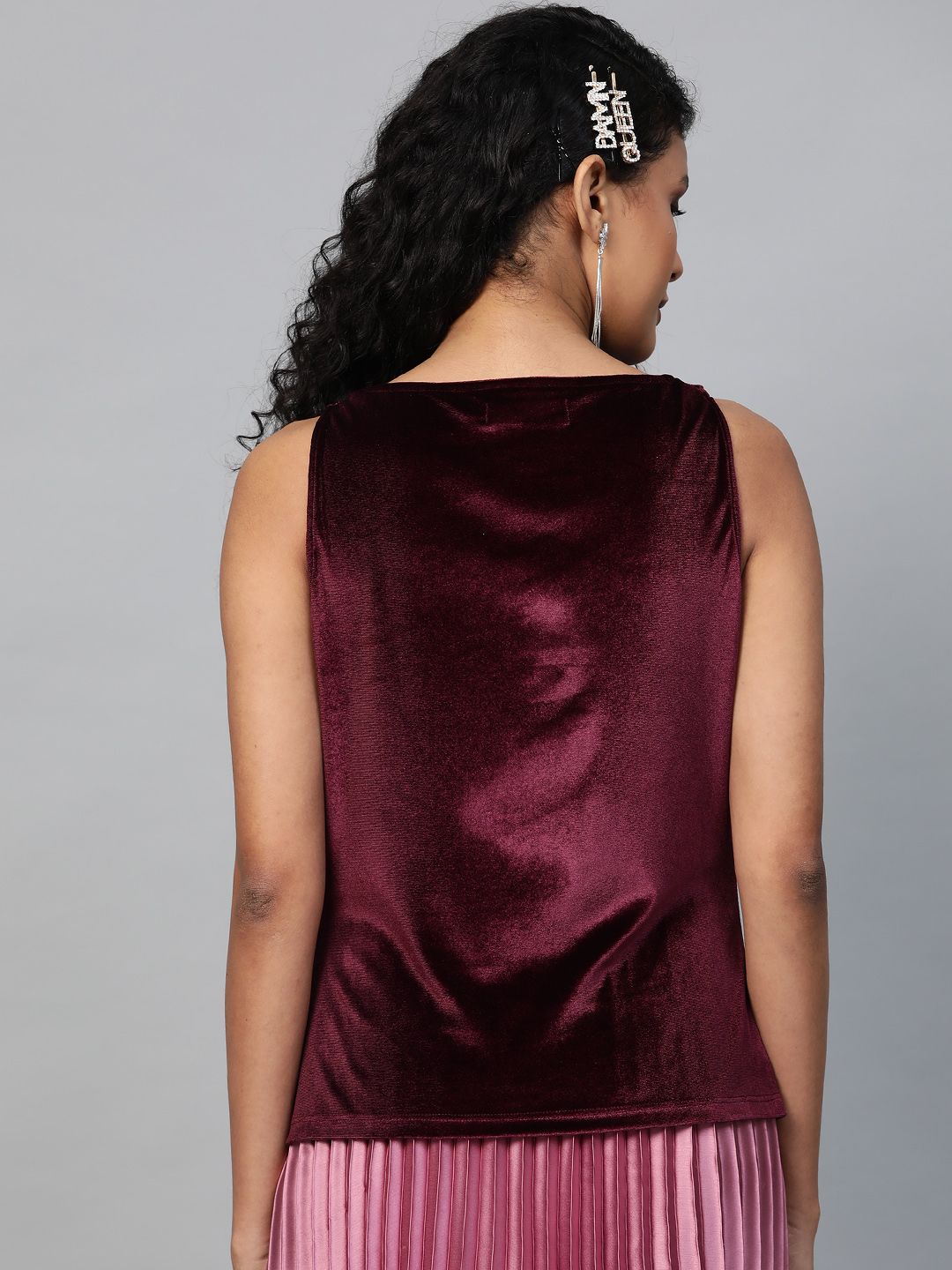 SASSAFRAS Burgundy Velvet Finish Cowl Neck Top