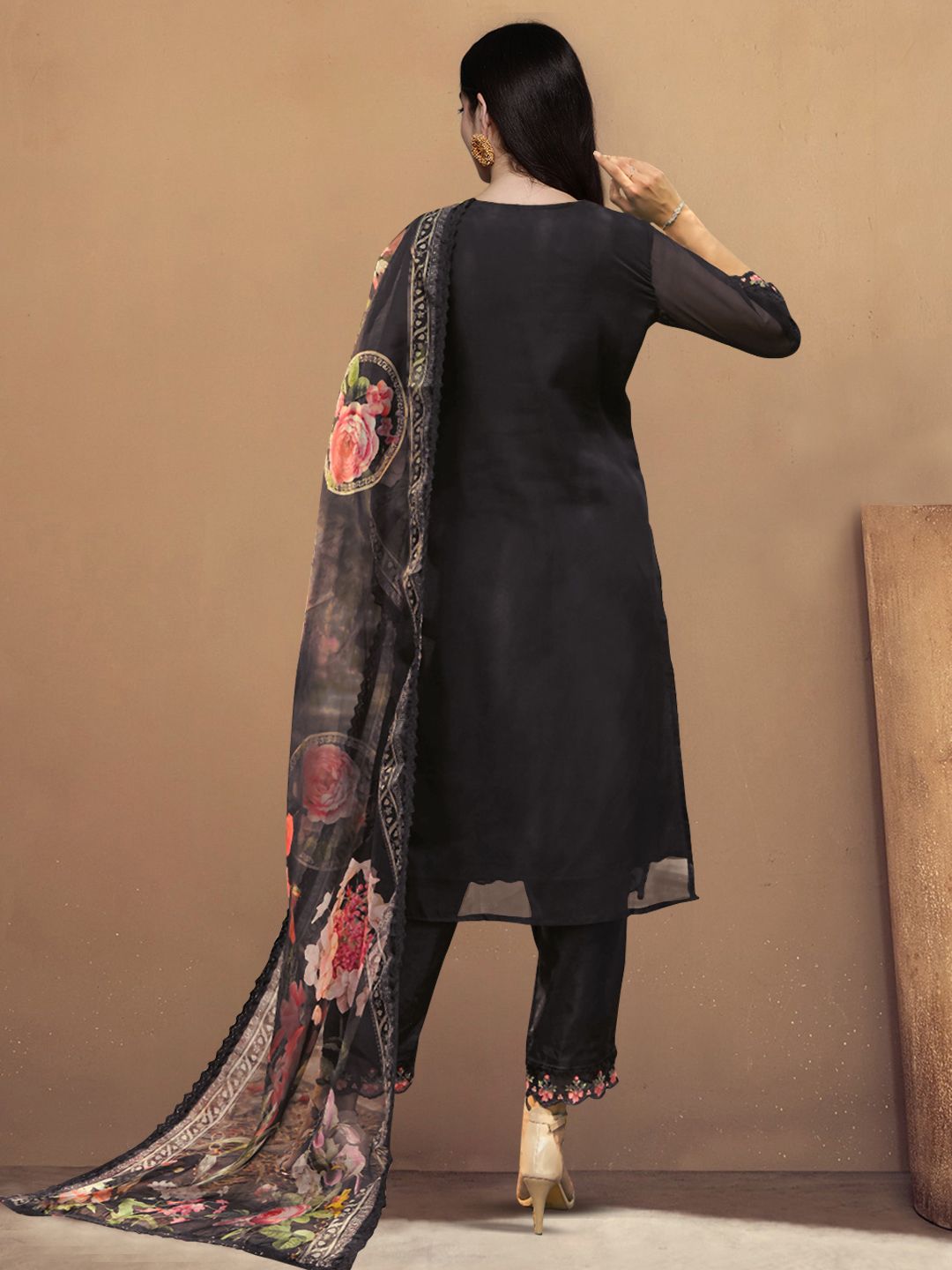 Indo Era Women Floral Embroidered Panelled Thread Work Kurta with Trousers & With Dupatta