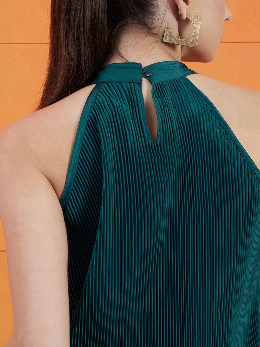 STREET 9 Green High Neck Accordion Pleats A-Line Top