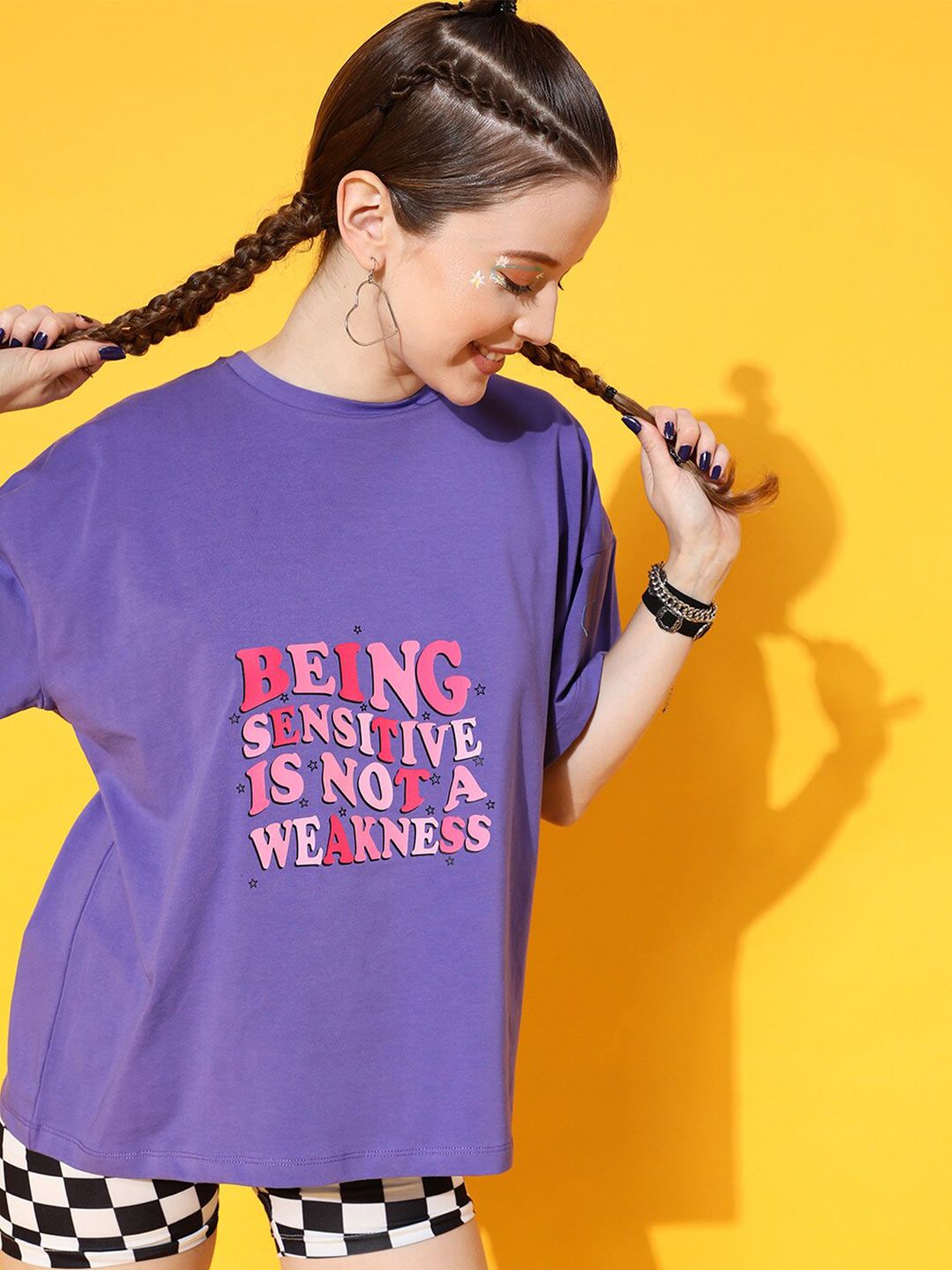 STREET 9 Women Lavender Typography Printed Drop-Shoulder Sleeves Bio Finish Oversized T-shirt