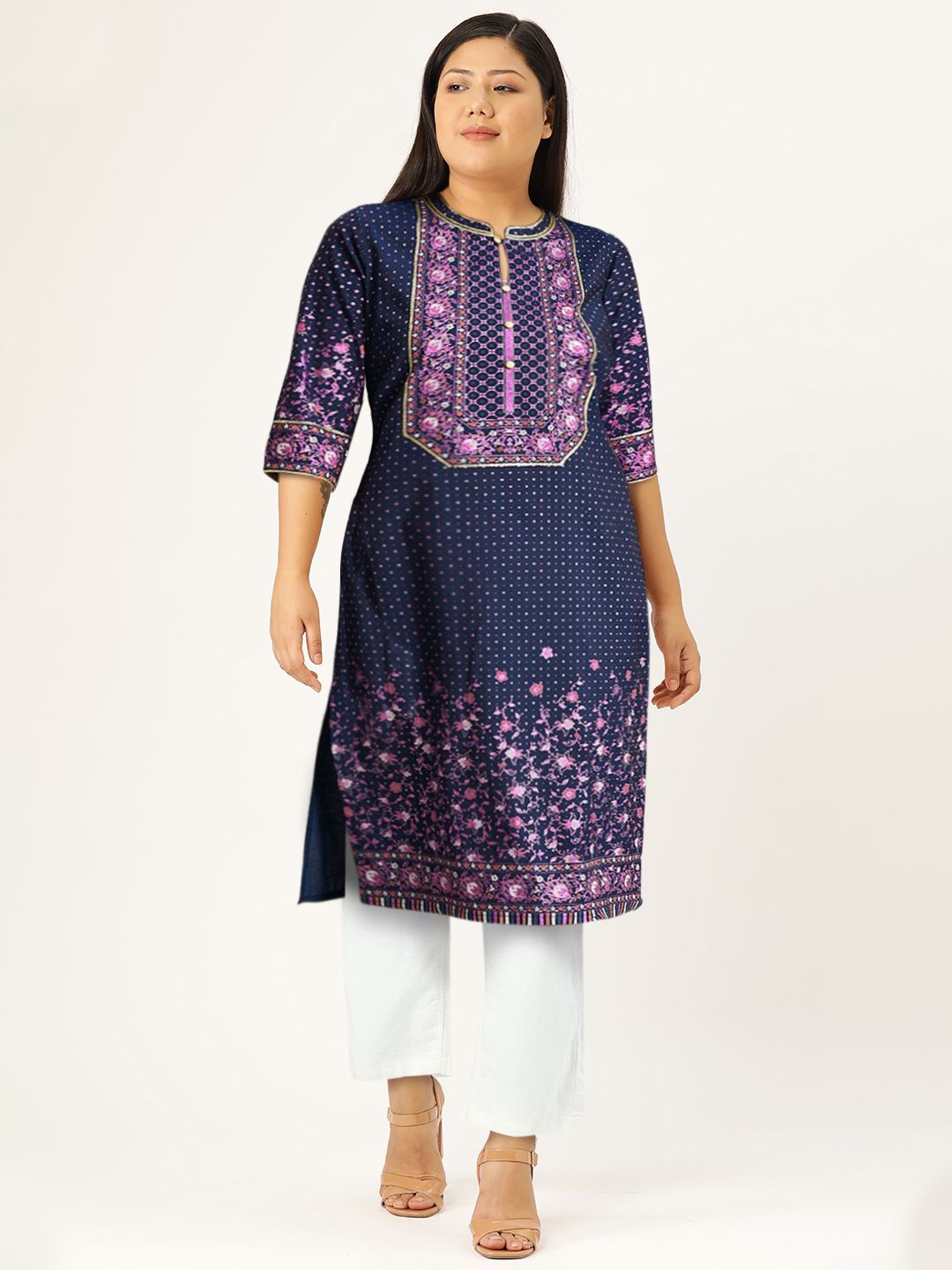 AURELIA Women Navy Blue Floral Printed Straight Fit Kurta