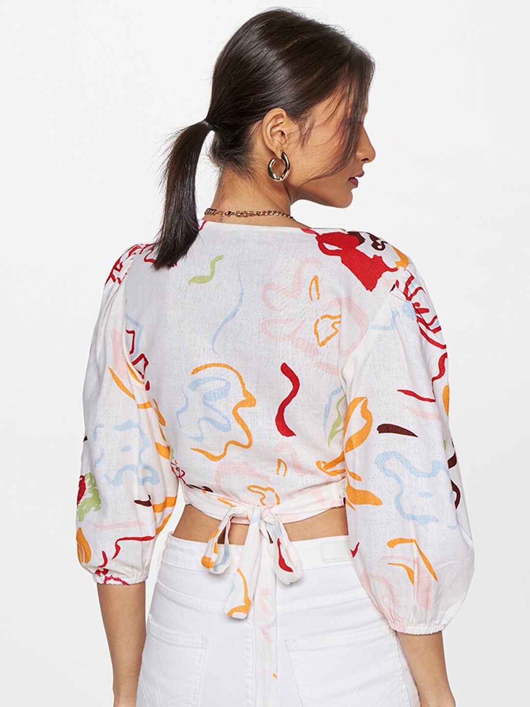 AND Abstract Printed Puff Sleeves Linen Wrap Crop Top