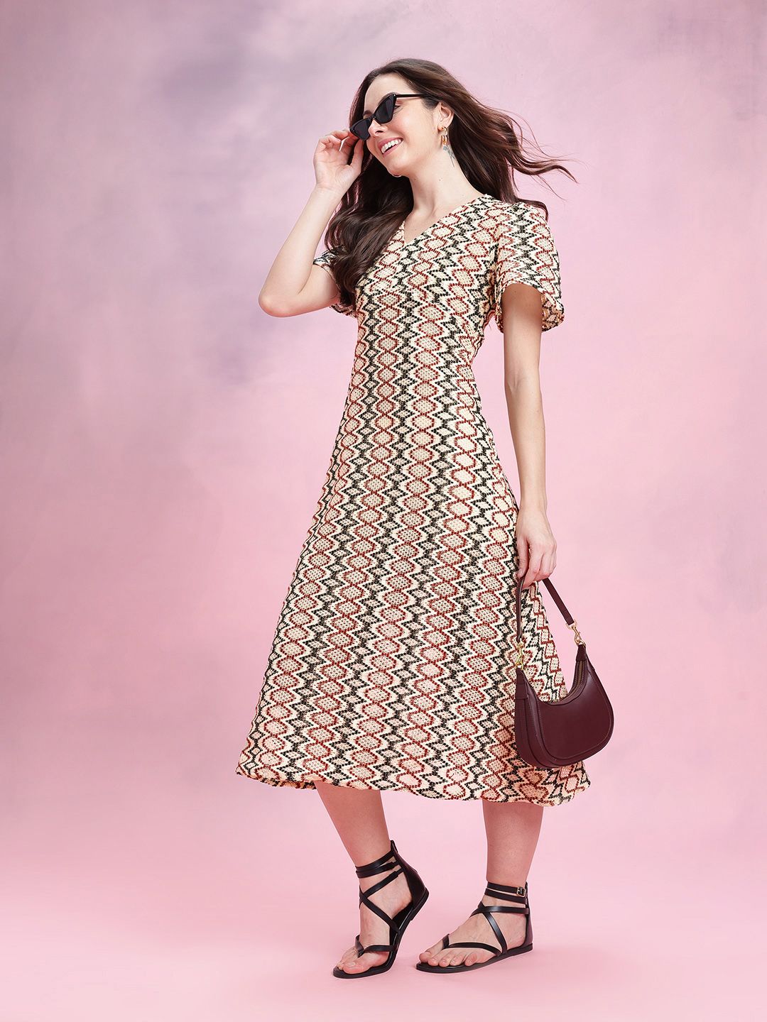 DressBerry Flared Sleeve Crochet A-Line Midi Dress