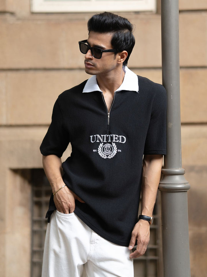 Powerlook Men Typography Printed Polo Collar Drop-Shoulder Sleeves Oversized T-shirt