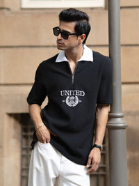 Powerlook Men Typography Printed Polo Collar Drop-Shoulder Sleeves Oversized T-shirt