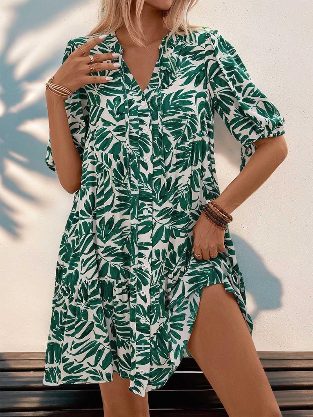 DressBerry Tropical Print Puff Sleeve A-Line Dress